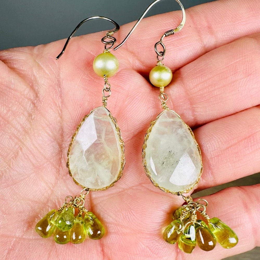 Artisan Prehnite Peridot Dyed Pearl Dangle Earrings 925 Sterling Silver Hooks